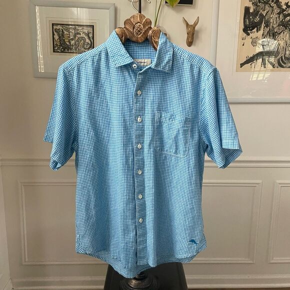 Tommy Bahama Linen Cotton Blue Gingham Short Sleeve Button Up Shirt M - Picture 2 of 6